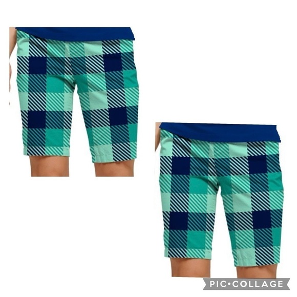 LOUDMOUTH LADIES Women’s Bright Blue Plaid Bermuda Golf Shorts 9” Inseam Size 0 - Picture 1 of 10